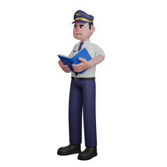 Professional Aircraft Pilot Character. A pilot is standing facing to the right with both hands holding a book. 3D Male Model