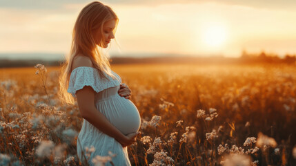 Beautiful young pregnant mother smiling while s in an open field with blurred nature background on a sunny day