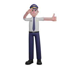 Male Pilot in Action. A pilot stands with his right hand saluting while his left hand gives a thumbs up. 3D Aviation Scene
