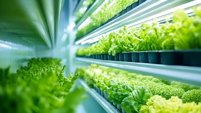 Innovative Indoor Vertical Farm with Multilevel Racks of Fresh Produce