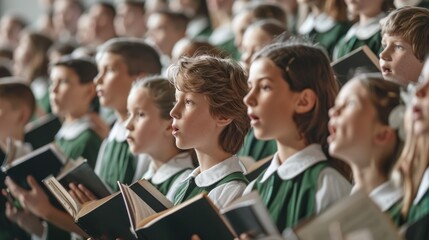 A group of children are singing in a choir, with some of them holding books