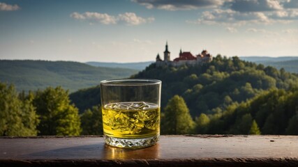 Czech Becherovka with Old Castle and Forest View