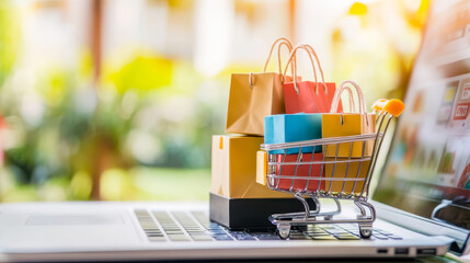 small product package boxes and shopping bag in cart with laptop computer
