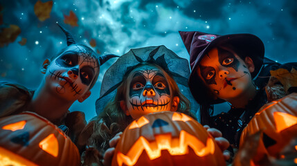 Three children dressed in Halloween costumes gather together, holding carved pumpkins under a dramatic moonlit sky, celebrating the spirit of Halloween with joy and excitement