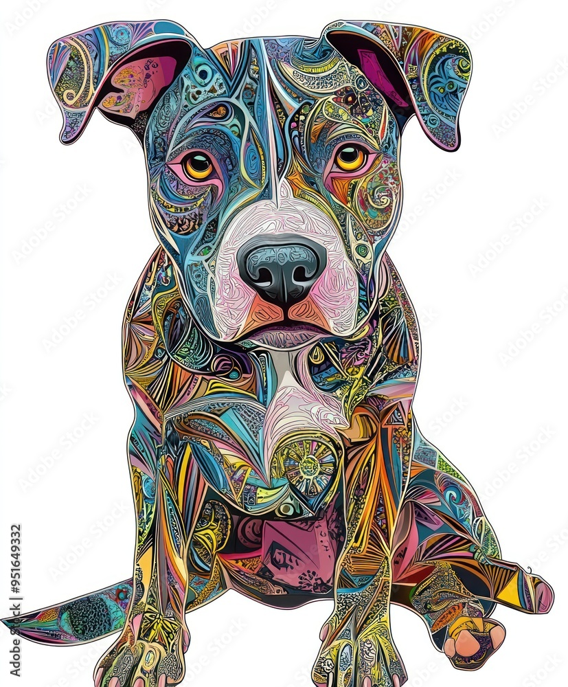 Poster A colorful, artistic representation of a dog with intricate patterns and designs.