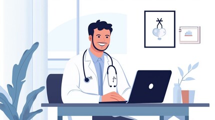 Fototapeta premium A man in a white lab coat is sitting at a desk with a laptop. He is smiling and he is happy