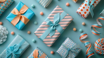 Obraz premium Blue and Orange Gift Boxes with Ribbon on Teal Background