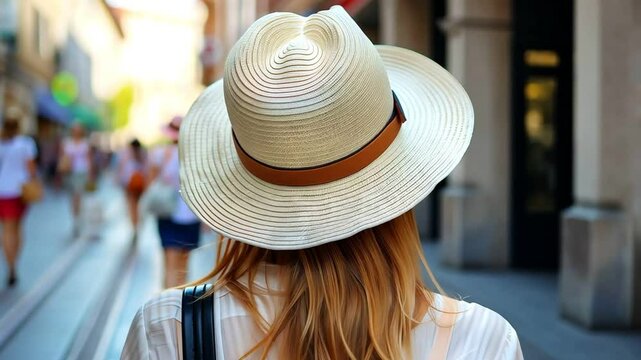 Woman wearing a white hat walks down a bustling street, tourist on summer day, Travel concept