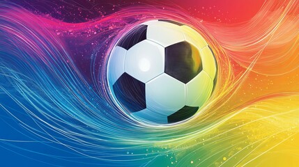 Naklejka premium Colorful soccer ball in motion against a vibrant rainbow background