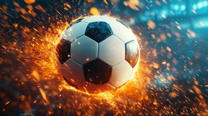 Fototapeta premium A soccer ball ignites with flames during an intense match at night
