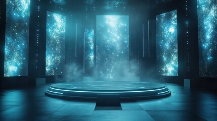 Futuristic Stage with Neon Lights and Cosmic Background for Product Display or Presentation.