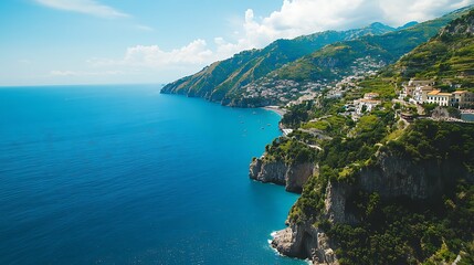 Captivating Amalfi Coast Views: Sustainable Tourism on Cliffside with Blue Sea and Green Hills in Italy