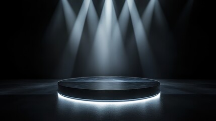 Black Marble Podium with Spotlights and Glowing Base - Product Display Mockup.