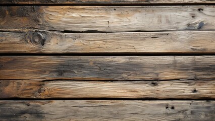 Fototapeta premium A close-up of rustic weathered wood planks with knots and grain patterns.