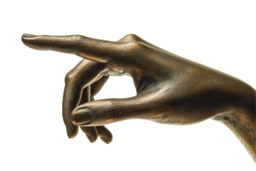 Bronze hand sculpture in a dynamic pointing pose. This detailed artwork captures the texture and form of the human hand, highlighting the expressive gesture. Isolated on transparent background, png.