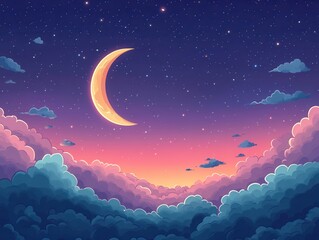 Dreamy Night Sky with Crescent Moon and Clouds Illustration