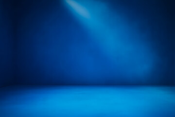 Empty blue background and spotlight with studio for showing or design. Blank backdrop made from cement material. Realistic 3D render.