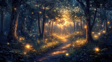 Enchanted Forest Path Illuminated by Fireflies at Dusk.