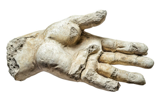 Weathered stone hand sculpture with a rough, aged texture, capturing the look of erosion. The sculpture reflects the passage of time and natural processes. Isolated on transparent background, png.