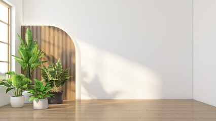 Modern japan style empty room with wood slat wall arch and white wall for product presentation. On the side are green indoor plant. 3D rendering