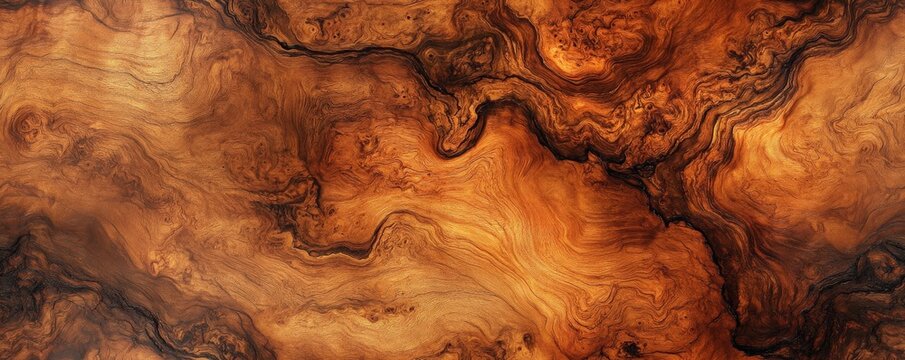 High-resolution texture of polished walnut burl wood with intricate grain patterns in warm brown tones, perfect for backgrounds or design use.