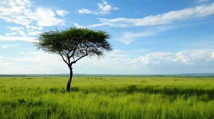 Fototapeta premium Serengeti National Park: Exploring the Vibrant Green Savannah and Wildlife Wonders of Tanzania's Premier Eco-Tourism Destination