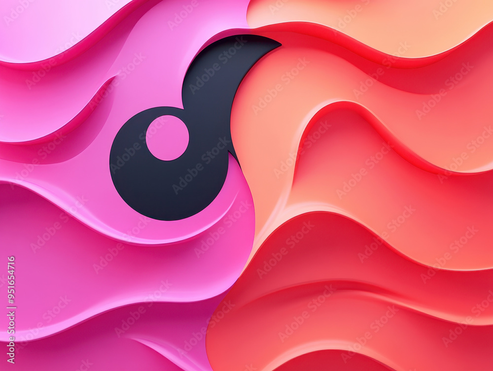 Poster A vibrant abstract design featuring pink and orange waves in a 3D form, with a modern black symbol, emphasizing dynamic flow and energy.