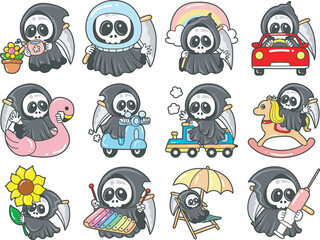 Illustration of cute skull ghost icon.
Funny skull ghost in activities stickers.
Angel of death cute elements.