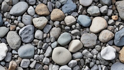 A close-up view of a collection of smooth, rounded stones of various sizes and colors, creating a textured and natural background.