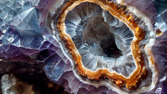 A close-up view of a polished amethyst geode with a clear crystal center.