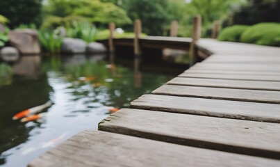 Fototapeta premium Tranquil Japanese Garden with Koi Pond and Wooden Bridge, Generative AI