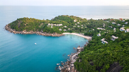Fototapeta premium Aerial sunset view of Koh Samui island in the gulf of Thailand famous dreamy travel holiday destination in south east asia 