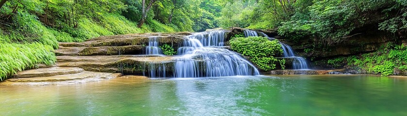 Fototapeta premium Waterfall in an enchanted green forest, with lush, vibrant greenery, soft sunlight, and a magical, almost fairy-tale feel