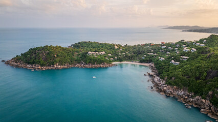 Fototapeta premium Aerial sunset view of Koh Samui island in the gulf of Thailand famous dreamy travel holiday destination in south east asia 