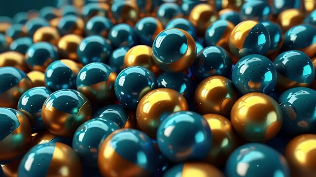 Pile of Shiny Blue and Gold Spheres, Metallic and Reflective, Random Pattern with Overlapping, Highlights and Shadows, Rich and Luxurious Color Palette, Complementing Blue and Gold