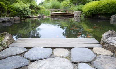 Tranquil Japanese Garden with Koi Pond and Wooden Bridge, Generative AI