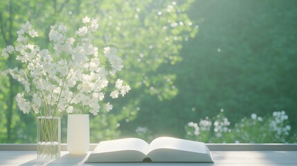 Tranquil setting with an open book and white flowers in clear vases, surrounded by soft, diffused sunlight. A perfect image for promoting relaxation or peaceful reading moments.