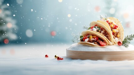 Snow podium with swirling confetti, presenting festive tacos in a crisp, elegant winter scene.