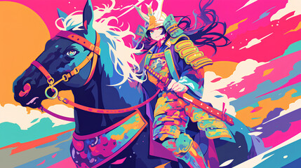 Fototapeta premium Cute horse wearing Japanese samurai armor, cool poses, cute kawaii, simple, smiling happy. neon psychedelic background