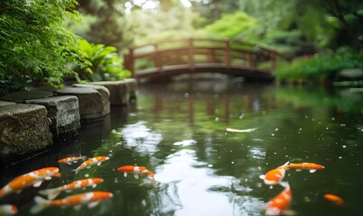 Naklejka premium Tranquil Japanese Garden with Koi Pond and Wooden Bridge, Generative AI