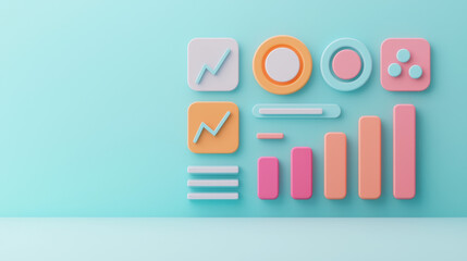 Digital marketing analysis, social graphs and analytics icons, 3D illustration