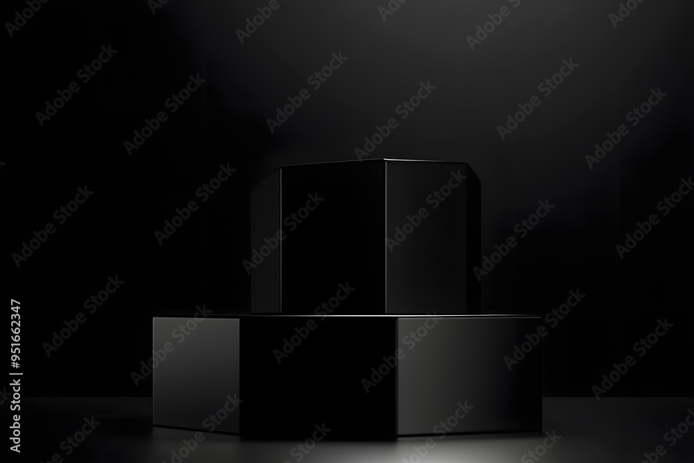 Wall mural black podium stage empty cube background spotlight 3d pedestal space stand of blank product display 