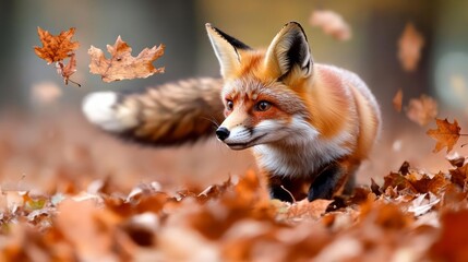 A fox chasing its tail in a pile of freshly fallen leaves