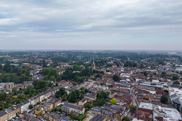 Aerial drone shot over the town of Bishops Stortford in England
