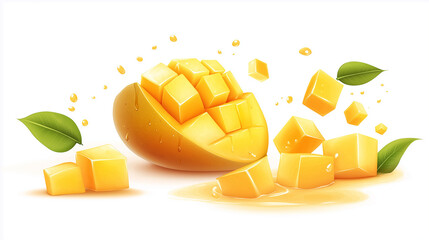 mango fruit with cubes and slices isolated on a white background