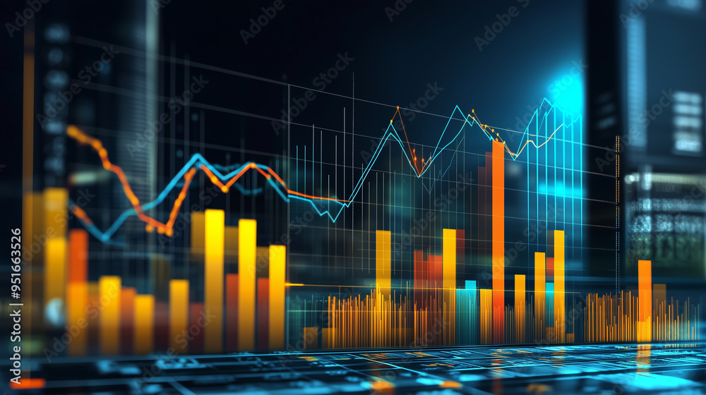 Poster A dynamic financial data visualization featuring colorful bar graphs and line charts on a digital interface, representing market trends and analytics.
