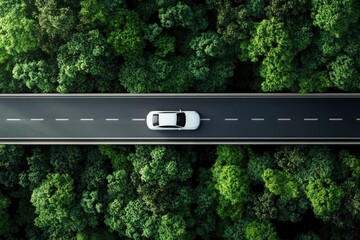 Top view of a white electric car driving dark green forest road, which is an elevated road that surrounds natural forest. with generative ai