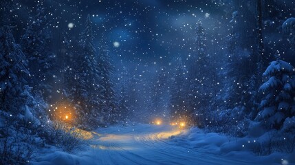 Naklejka premium snow falling at night in a snowy dark forest with lights and stars