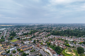 Aerial drone shot over the town of Bishops Stortford in England