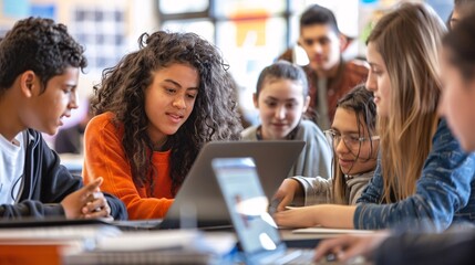 High school students working in groups at desks, collaborating on a project using laptops and textbooks